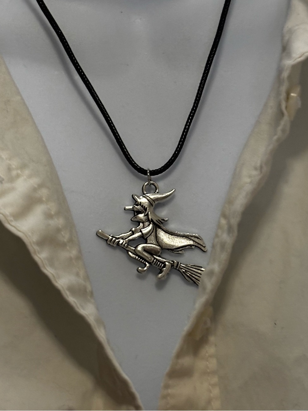 Silver Witch Pendant Necklace on Black Cord